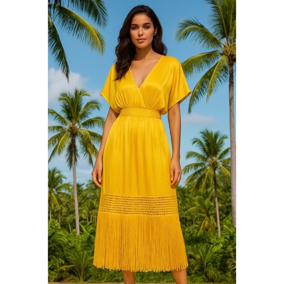 TRINA TURK Yellow Fringe Hem Midi Surplice Dress Crochet Bright Colorful Size 10 - Picture 1 of 15